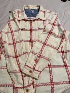 L.L.Bean Women's 1912 Overshirt Plaid Cotton Twill Shacket Cream/Red